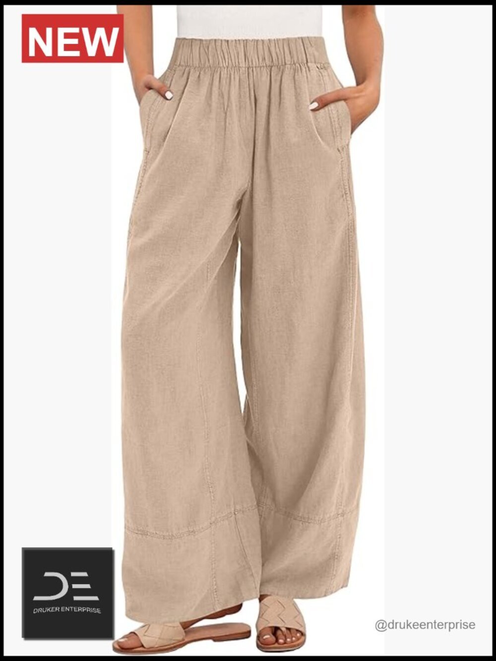 Wide Leg Linen Pants Elastic Waist with Pockets Casual Travel Trousers